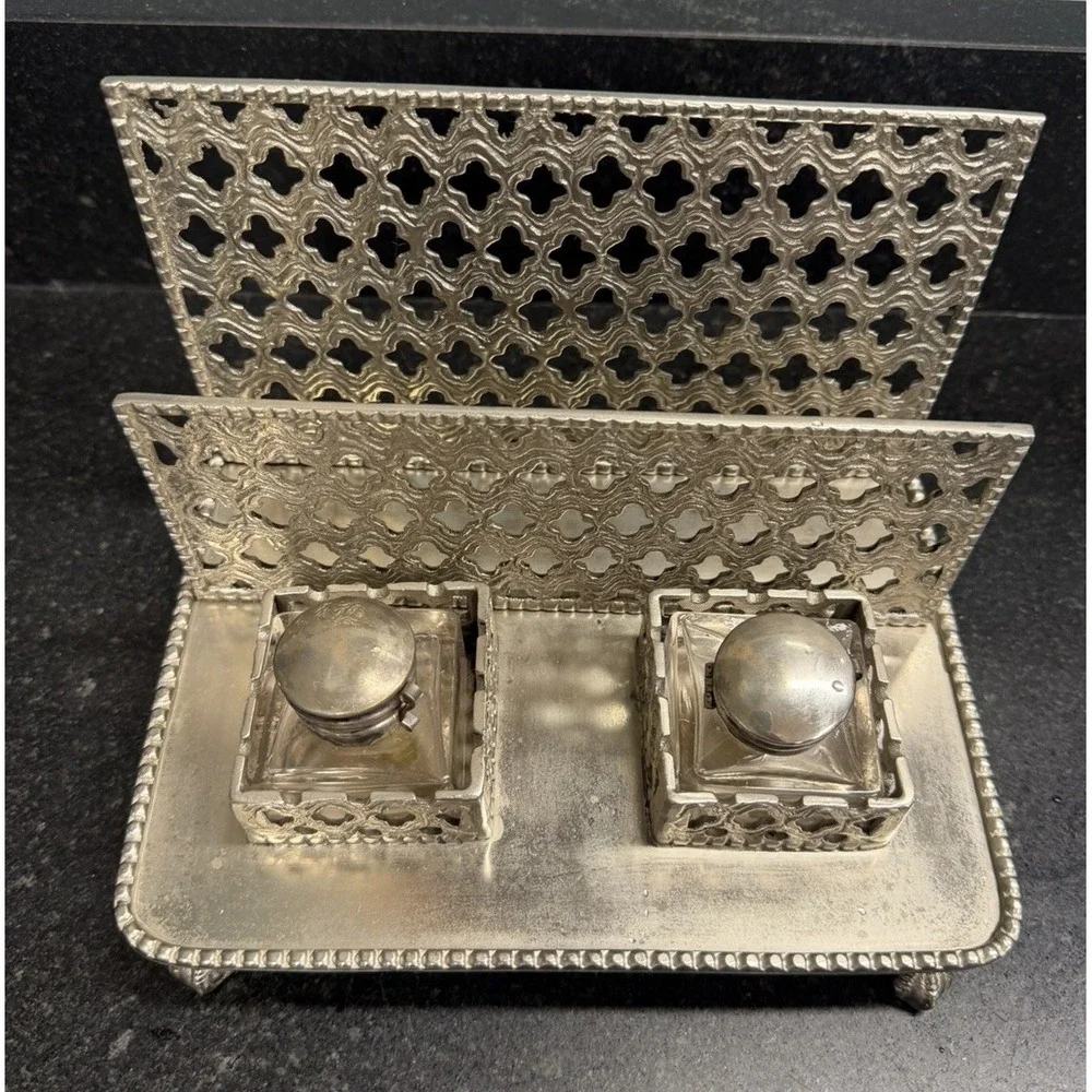 Vintage Silver Plated Double Inkwell Desk Organizer Letter Rack Made in India